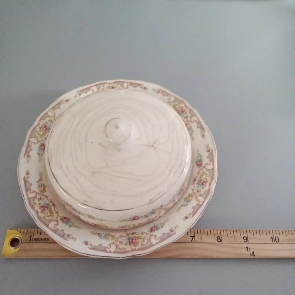Antique Floral Ceramic Cheese Butter Dish Dome Lid Scalloped Gold Trim Shabby